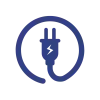 Blue power plug icon with a lightning bolt inside, wrapped by a circular cord on black background.
