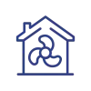 Outline of a house with a large fan icon inside, representing ventilation or air circulation.