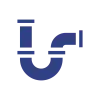 Simple blue icon of a curved plumbing pipe with joints, on a black background.