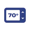 Blue icon of a digital thermostat displaying 70 degrees with up and down arrow buttons.