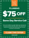 Green plumbing promo ad: 75 off same day service call. Orange button: CLAIM THIS OFFER.