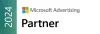 Microsoft Advertising 2024 Partner badge with logo and gradient green background.