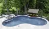 Curved swimming pool with attached hot tub and a wooden swing, surrounded by trees and greenery.