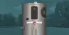 Gray Rheem ProTerra water heater with digital display, set against a park background.