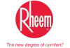 Rheem logo with slogan The new degree of comfort in red and white.