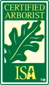 Certified Arborist logo with a green oak leaf and yellow ISA text on a green background.