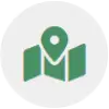 Green map icon with a location pin in the center, on a white circular background.