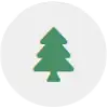 Simple green pine tree icon centered on a light gray circular background.