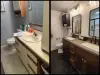 Before-and-after photos of a bathroom remodel, showing older and modern upgraded designs.