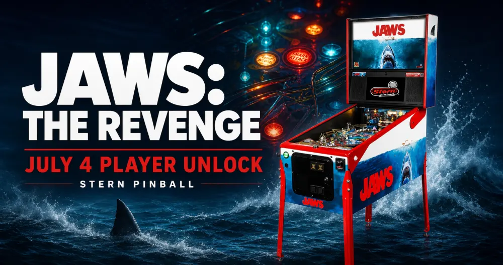 JAWS The Revenge July 4 player unlock editorial banner featuring the Stern JAWS pinball machine