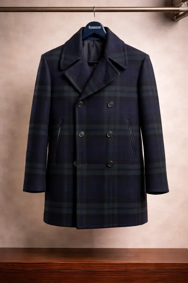 Navy Green Windowpane Peacoat
