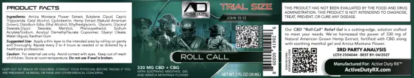 Active Duty RX™ Mentholated Roll-On Gel 330mg CBD + CBG, 30 mL