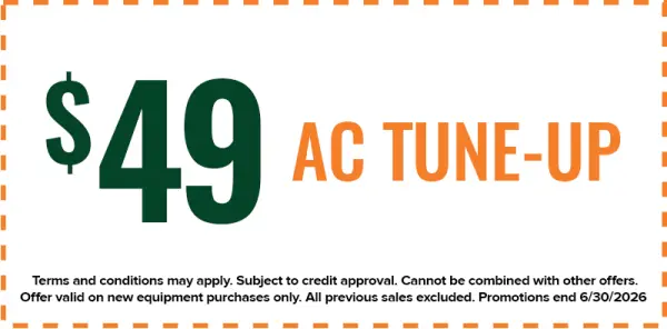 49 AC tune-up offer in large text, with terms and conditions listed below.