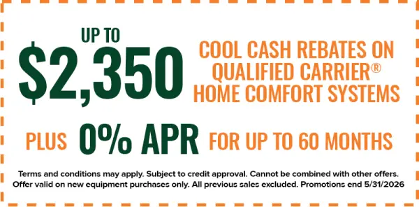 Ad offering up to 2,350 rebates and 0 APR for 60 months on Carrier® home comfort systems.