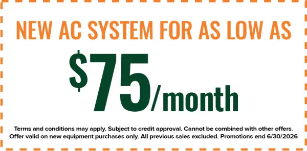 Ad offering a new AC system for as low as 75/month with terms and conditions listed below.