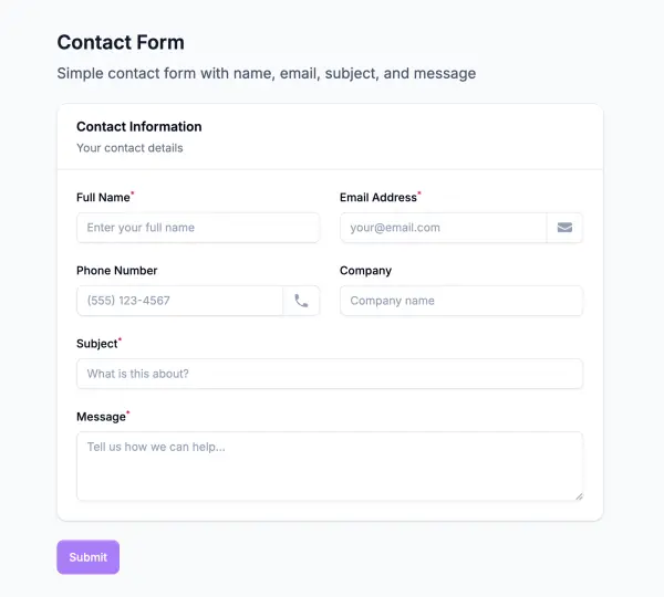 Contact Form preview showing name, email, phone, company, subject, and message fields