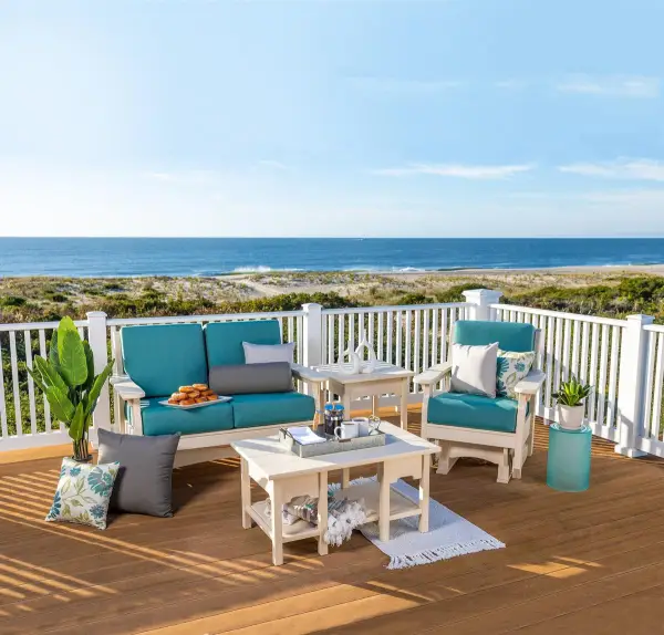 Custom poly-lumber outdoor furniture styled on a Western New York patio