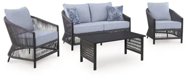 Bridges Beach - Loveseat, Lounge Chairs, Table Set (Set of 4) - Gray