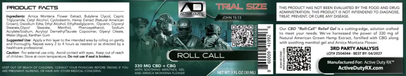 Active Duty RX™ Mentholated Roll-On Gel 330mg CBD + CBG, 30 mL