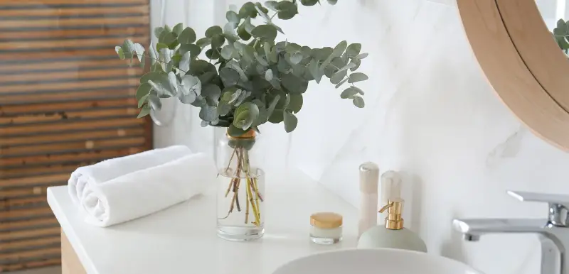 vase of greenery on a bathroom sink